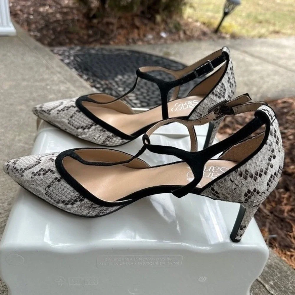 Franco Sarto Snakeskin Heels Pointed Toe Pumps Black Trim‎ Woman's 9.5M - Picture 5 of 11